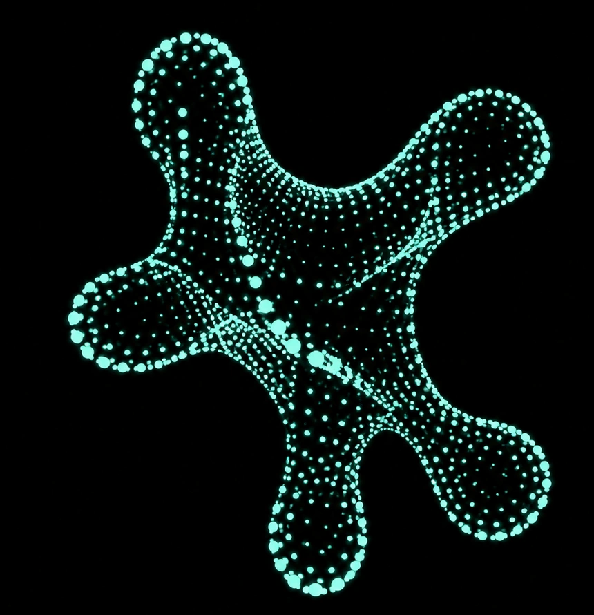A luminous teal point cloud forming one connected, irregular, multi-lobed shape against black.